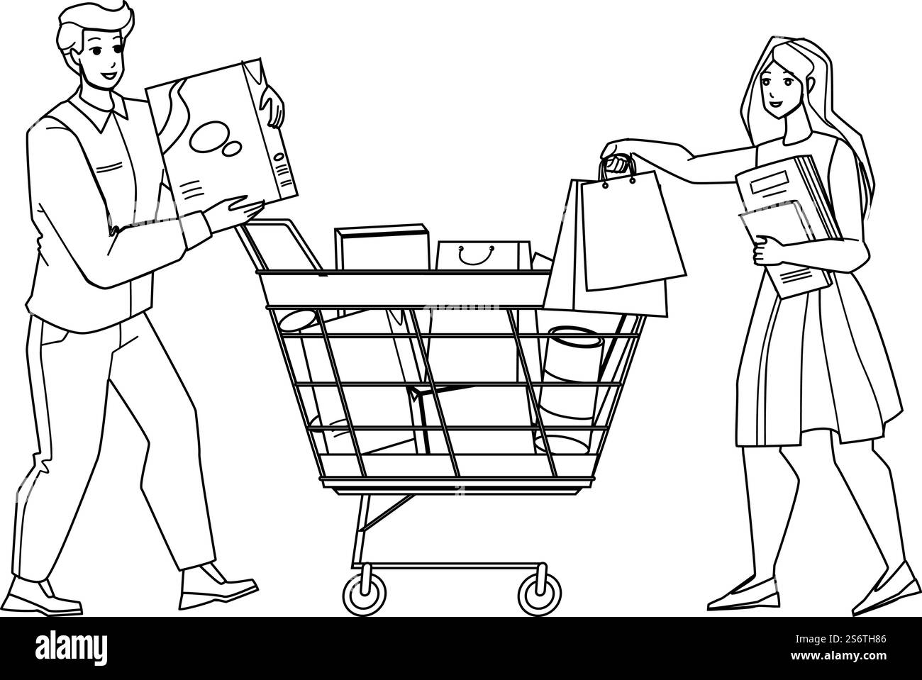 Gli acquirenti abbinano i prodotti Aggiungi al carrello nel vettore di disegno a matita della linea nera del mercato. Uomo e donna Aggiungi al carrello borse da supermercato. I personaggi Boy and Girl fanno acquisti in Shop Illustration. Gli acquirenti abbinano le merci Aggiungi al carrello in Market Vector Illustrazione Vettoriale