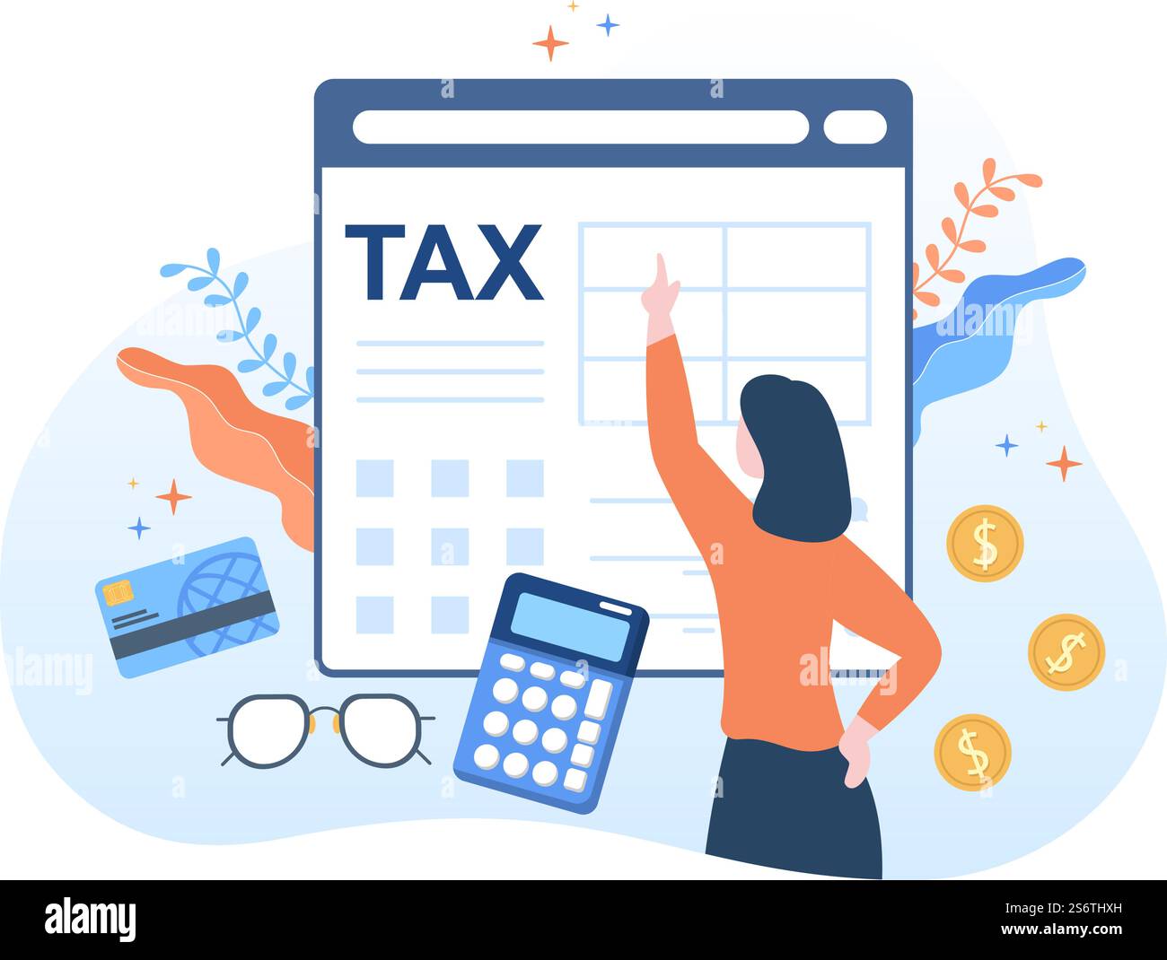 Forma fiscale di tassazione statale con moduli, calendario, audit, calcolatrice o analisi per contabilità e pagamento in un'illustrazione di base piatta Illustrazione Vettoriale
