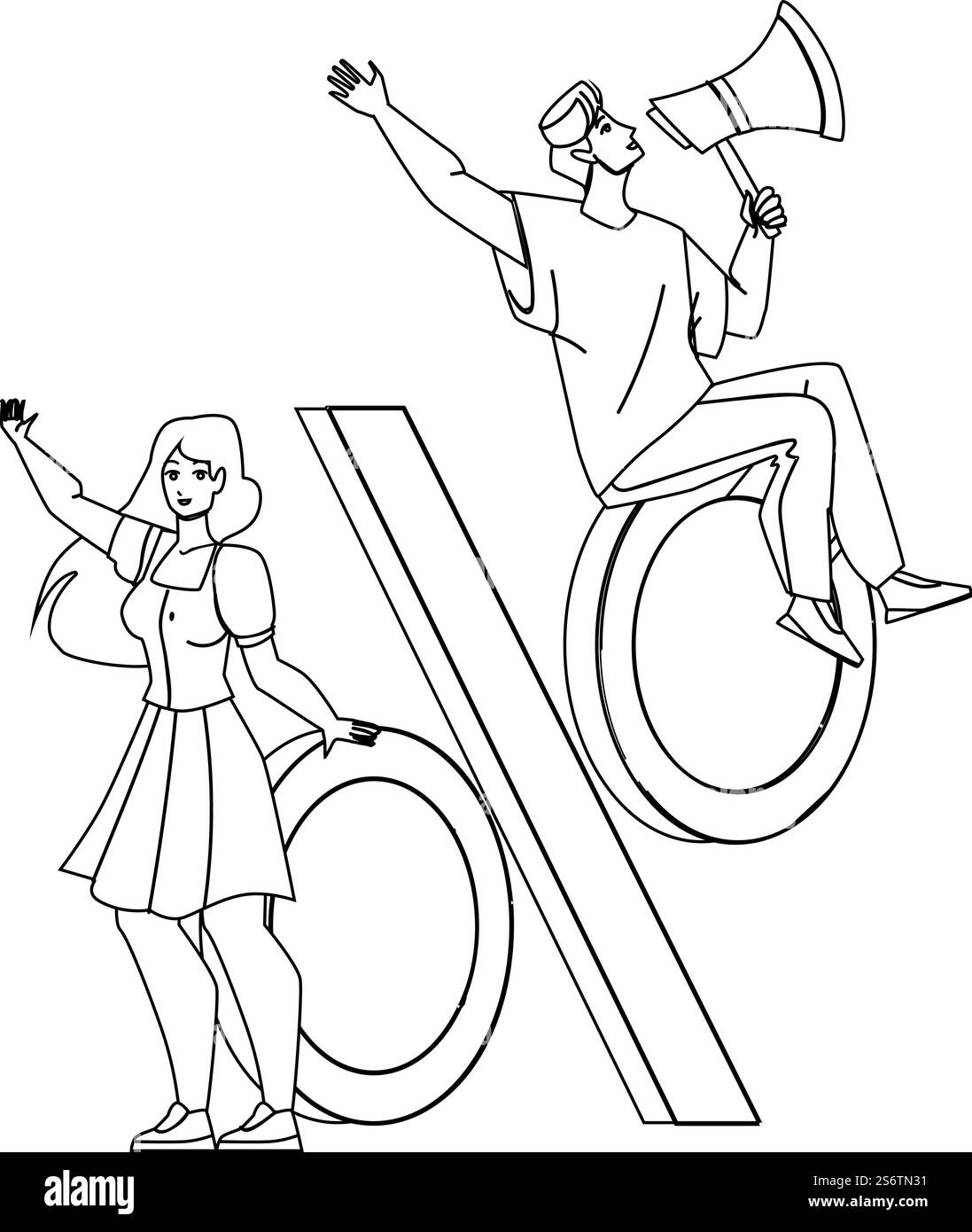 Vendita Black Friday clienti acquisti Black Line Pencil Drawing Vector. Uomo urla e pubblicità sconti Black Friday in altoparlante e donna che acquistano prodotti con sconto. Acquirenti di personaggi. Vendita Black Friday acquisto clienti Vector Illustrazione Vettoriale