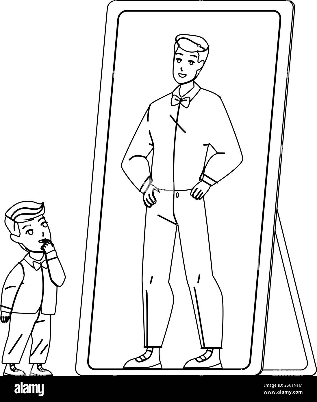 Ragazzo che sogna per essere adulto uomo in Mirror Black Line Pencil Drawing Vector. Bambino che guarda Mirror Reflection e immagina per essere uomo d'affari in futuro. Illustrazione sogno personaggio in età prescolare. Ragazzo che sogna per essere adulto in Mirror Vector Illustrazione Vettoriale