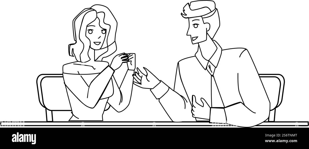 Trattativa d'affari di uomini d'affari Black Line Pencil Drawing Vector. Giovani uomini e donne che parlano e trattativa d'affari in riunione o conferenza. Personaggi uomo d'affari e donna d'affari. Trattativa d'affari di uomini d'affari Vector Illustrazione Vettoriale