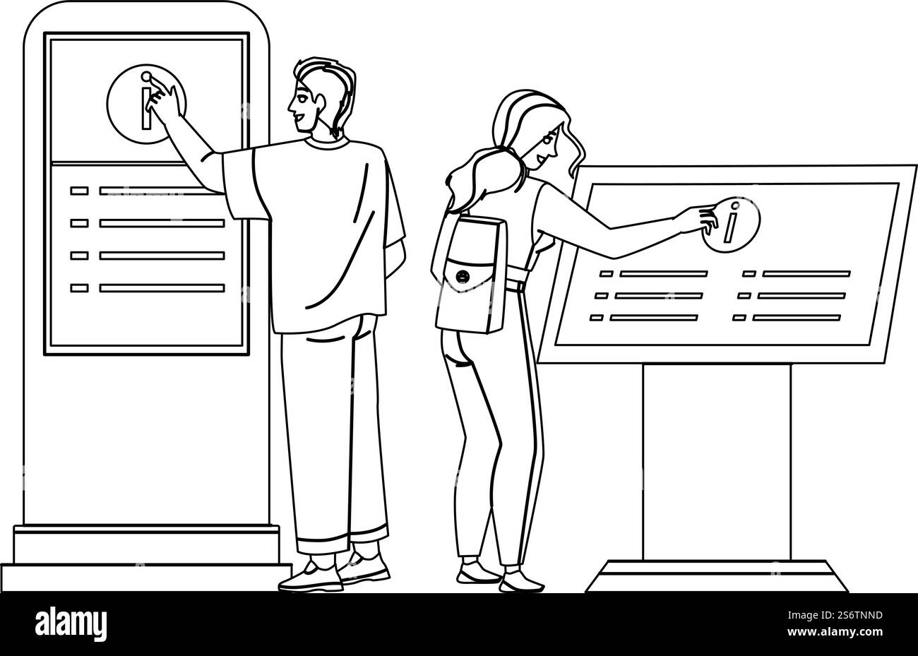 Info Kiosk uso di persone per ottenere informazioni linea nera matita disegno vettore. Young Man and Woman utilizzano Interactive Info Kiosk Service, Click display with Touchscreen Technology. Illustrazione dei caratteri. Info Kiosk Using People for Get Information Vector Illustrazione Vettoriale