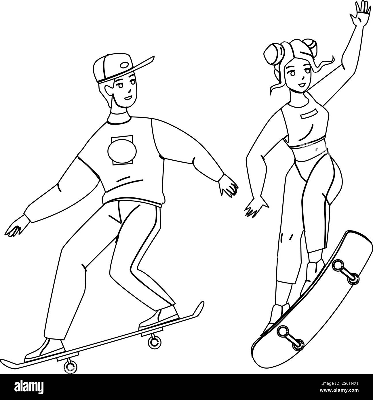Skateboard Riding Boy e Girl Together Black Line Pencil Drawing Vector. Gli adolescenti fanno skateboard nell'Extreme Park, gli skateboard si divertono con gli sport estremi e i trucchi di salto. Skateboard dei personaggi. Skateboard Riding Boy e Girl Together Vector Illustrazione Vettoriale