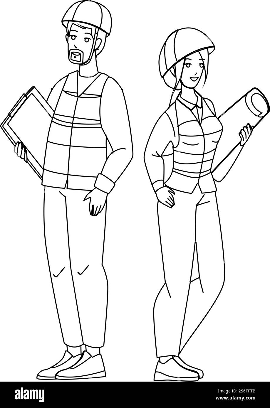 architetto operaio edile. Vettore di disegno a matita con linea nera. ingegnere edile. uomo donna casco. Illustrazione web dei personaggi della casa. vettore architetto costruttore Illustrazione Vettoriale