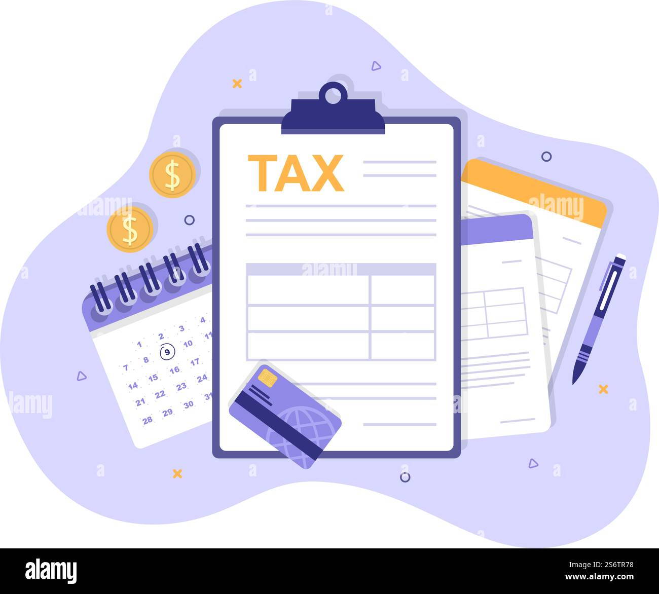 Forma fiscale di tassazione statale con moduli, calendario, audit, calcolatrice o analisi per contabilità e pagamento in un'illustrazione di base piatta Illustrazione Vettoriale