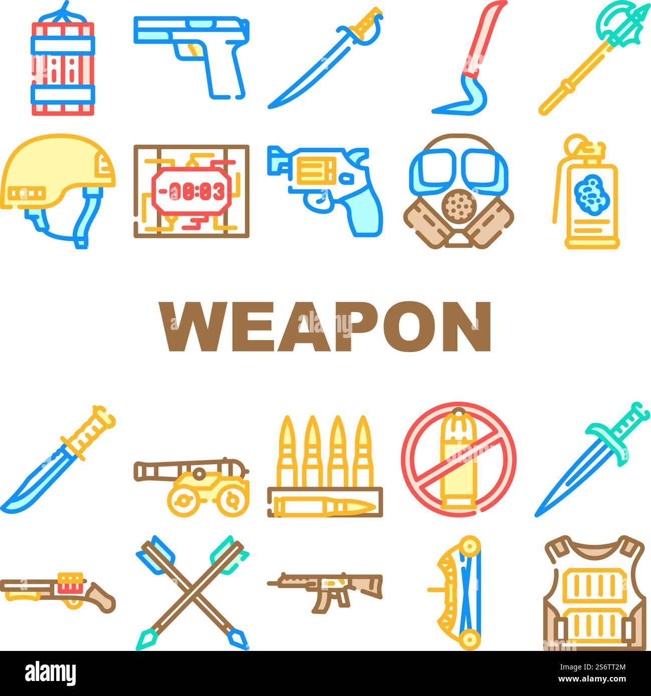 Icone dell'equipaggiamento militare delle armi Set Vector. Arco e Freccia per puntamento, Revolver e pistola, arma fucile e pistola, proiettile e linea casco. Illustrazioni a colori coltello e spada, granata e dinamite. Icone dell'equipaggiamento militare delle armi Set Vector Illustrazione Vettoriale