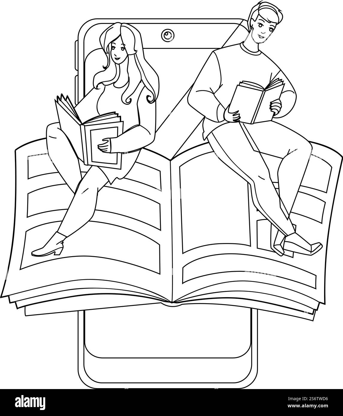 telefono cellulare per la lettura. app online. Vettore di disegno a matita con linea nera. Illustrazione Web dei caratteri della libreria multimediale Internet in lettura da smartphone. vettore di lettura mobile Illustrazione Vettoriale