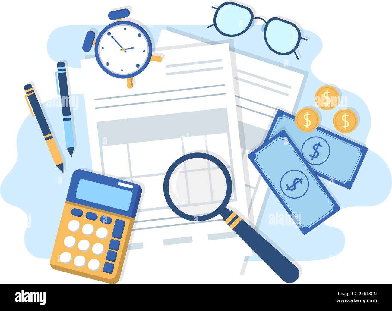 Forma fiscale di tassazione statale con moduli, calendario, audit, calcolatrice o analisi per contabilità e pagamento in un'illustrazione di base piatta Illustrazione Vettoriale