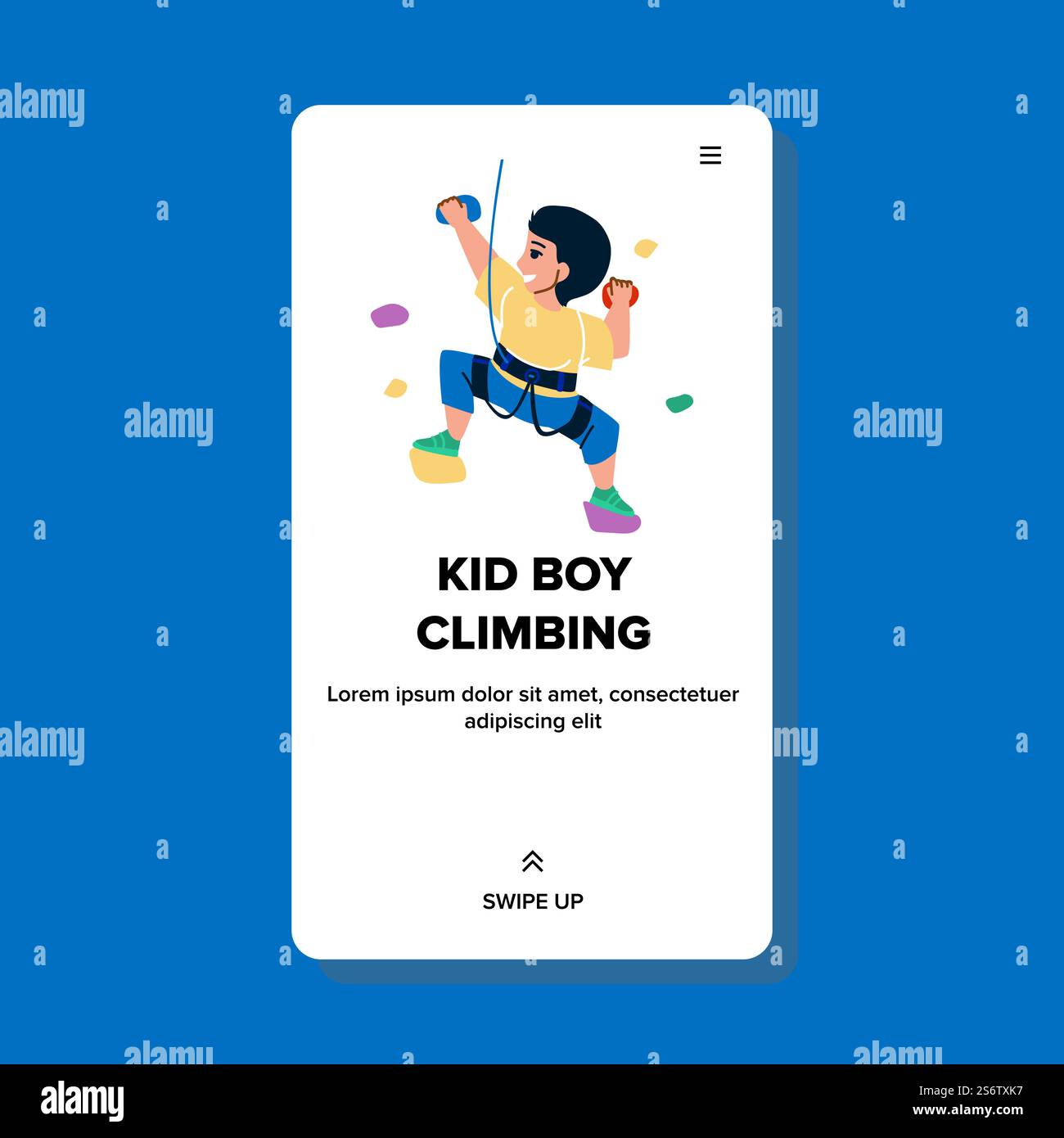 Kid Boy Climbing su Rock Wall Attraction Vector. Kid Boy Climbing con attrezzatura professionale nel centro sportivo. Illustrazione fumetto piatto Web tempo attivo Extremal di scolaro personaggio. Kid Boy Climbing su Rock Wall Attraction Vector Illustrazione Vettoriale