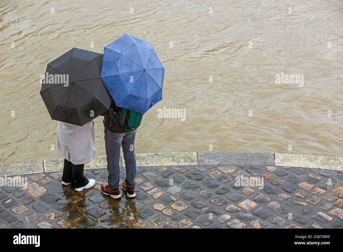 Francia, Parigi, 75, 4th ARRT, ile Saint-Louis, Quai de Bourbon, coppia sotto ombrelli, febbraio 2024. Foto Stock
