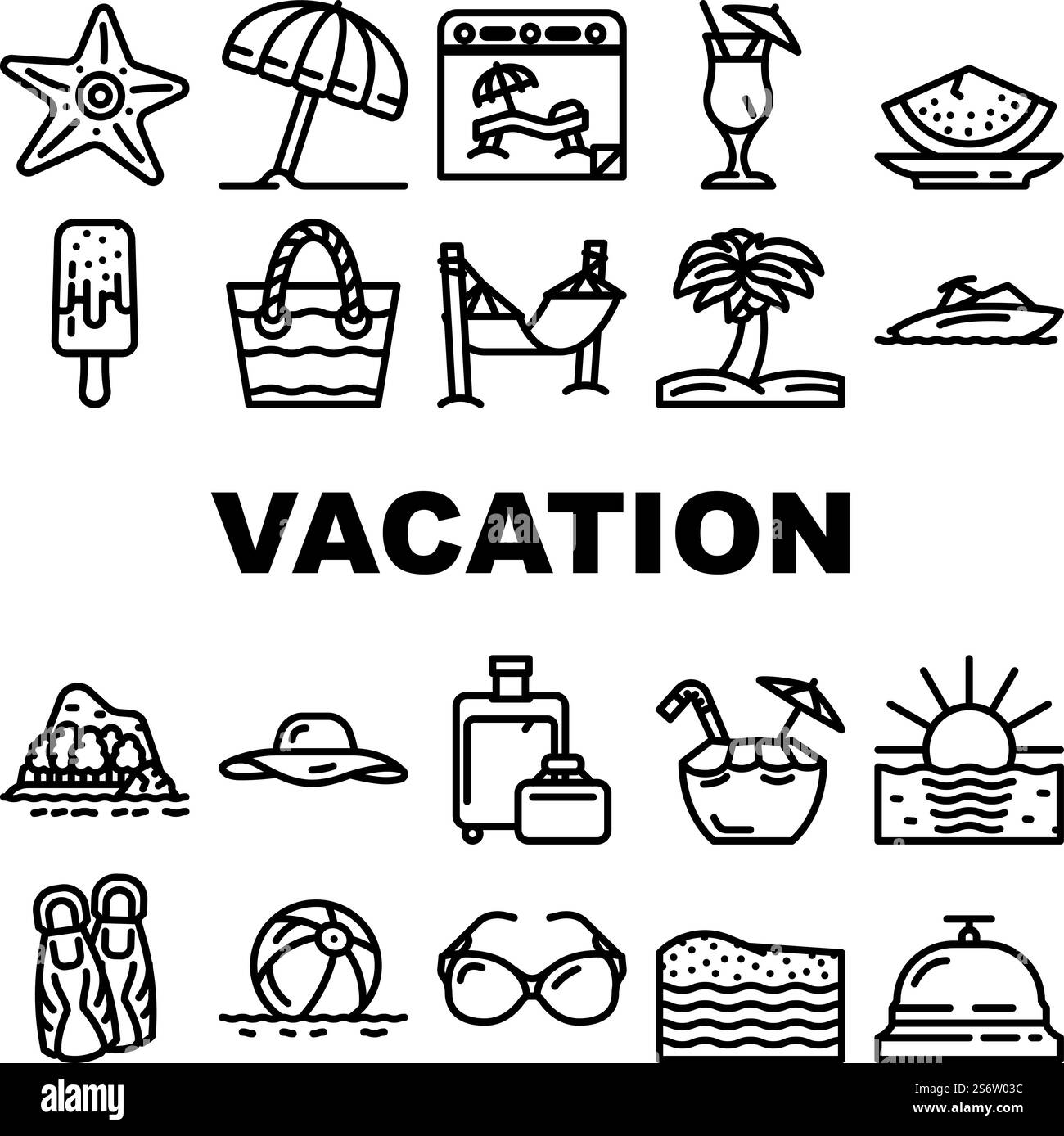 Vacanze estive godendo delle icone dei viaggiatori Set Vector. Amaca e ombrello per riposare le vacanze estive, cocktail esotici e Tropic Fruit Food da gustare sulle illustrazioni Black Contour di Sandy Beach. Vacanze estive godendo delle icone dei viaggiatori Set Vector Illustrazione Vettoriale