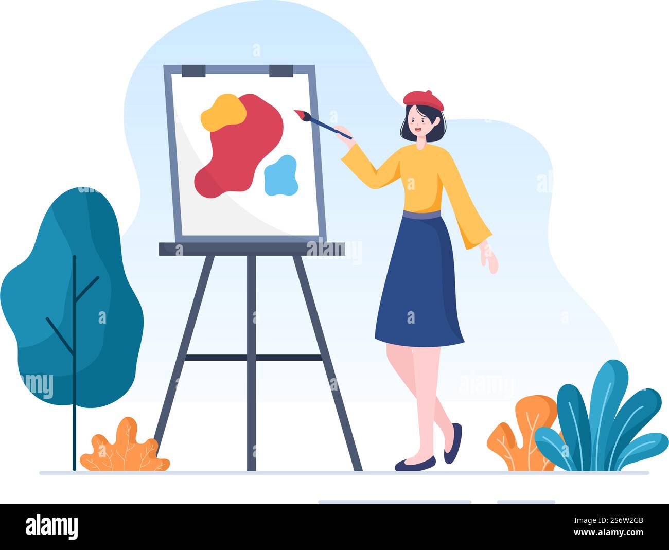 Dipingere l'illustrazione piatta all'aperto con qualcuno che dipinge usando Easel, Canvas, Brushes e Watercolor per i disegni del Poster o del Workshops Illustrazione Vettoriale