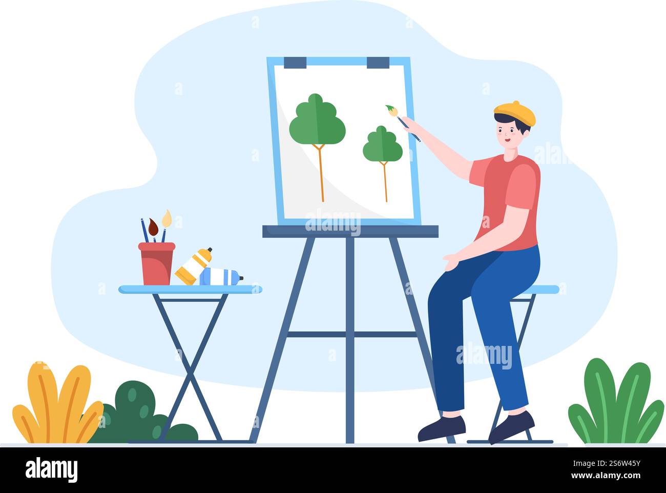 Dipingere l'illustrazione piatta all'aperto con qualcuno che dipinge usando Easel, Canvas, Brushes e Watercolor per i disegni del Poster o del Workshops Illustrazione Vettoriale