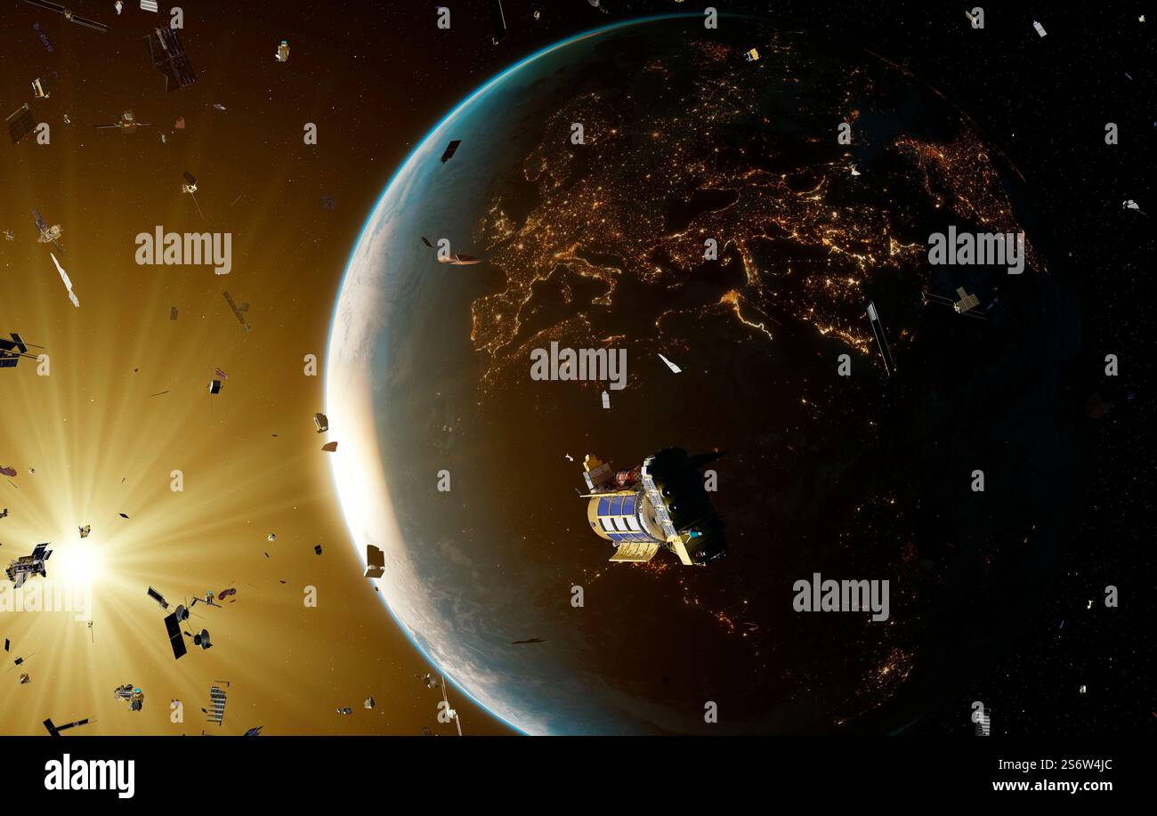 Gli esseri umani inviano sonde spaziali, satelliti e materiali vari in orbita intorno al nostro pianeta dalla fine degli anni '1950 La maggior parte di questi rimangono in orbita anche ora, avendo a lungo servito il loro scopo ed essendo stati disattivati o altrimenti danneggiati irreparabili. Di conseguenza, lo spazio intorno al pianeta - la zona dell'orbita terrestre bassa in particolare - è estremamente affollato e raggiunge la saturazione. Ogni carico utile che lanceremo aumenta la probabilità di una collisione e di un potenziale disastro. Foto Stock