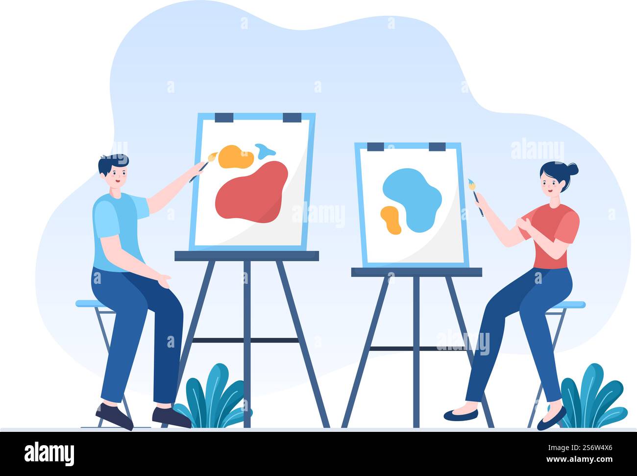 Dipingere l'illustrazione piatta all'aperto con qualcuno che dipinge usando Easel, Canvas, Brushes e Watercolor per i disegni del Poster o del Workshops Illustrazione Vettoriale