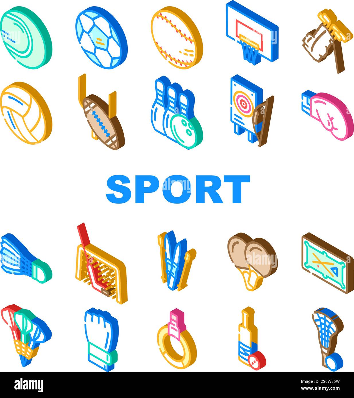Sport gioco Sportsman icone di attività Set Vector. Rugby American Football and Soccer, Golf Cricket, Baseball Tennis, pallacanestro e pallavolo Sport. Illustrazioni dei colori dei segni isometrici delle apparecchiature sportive. Sport gioco Sportsman icone di attività Set Vector Illustrazione Vettoriale