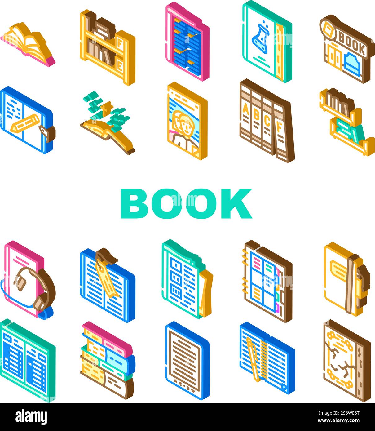 Libro e rivista premere per leggere le icone Imposta vettore. Accessorio segnalibro per la lettura di Enciclopedia e Sacra Bibbia, Diario notebook, Educational ed Electronic audio Book, insegne isometriche a colori. Libro e rivista premere per leggere le icone Imposta vettore Illustrazione Vettoriale