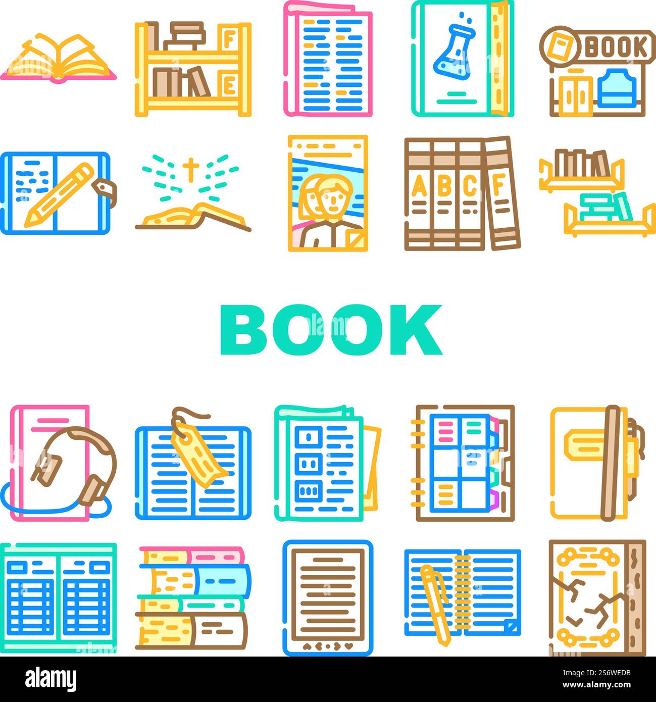 Libro e rivista premere per leggere le icone Imposta vettore. Accessorio segnalibro per la lettura di Enciclopedia e Sacra Bibbia, Diario e notebook, illustrazioni a colori per audiobook didattici ed elettronici. Libro e rivista premere per leggere le icone Imposta vettore Illustrazione Vettoriale