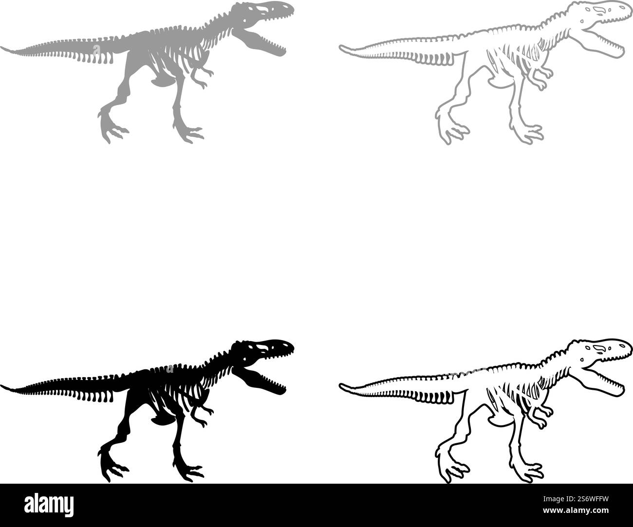 Scheletro di dinosauro tyrannosaurus rex ossa silhouette set icona grigio nero immagine vettoriale semplice riempimento solido contorno linea sottile stile piatto. Scheletro di dinosauro tyrannosaurus rex ossa silhouette Set icona grigio nero immagine vettoriale riempimento solido contorno linea sottile stile piatto Illustrazione Vettoriale