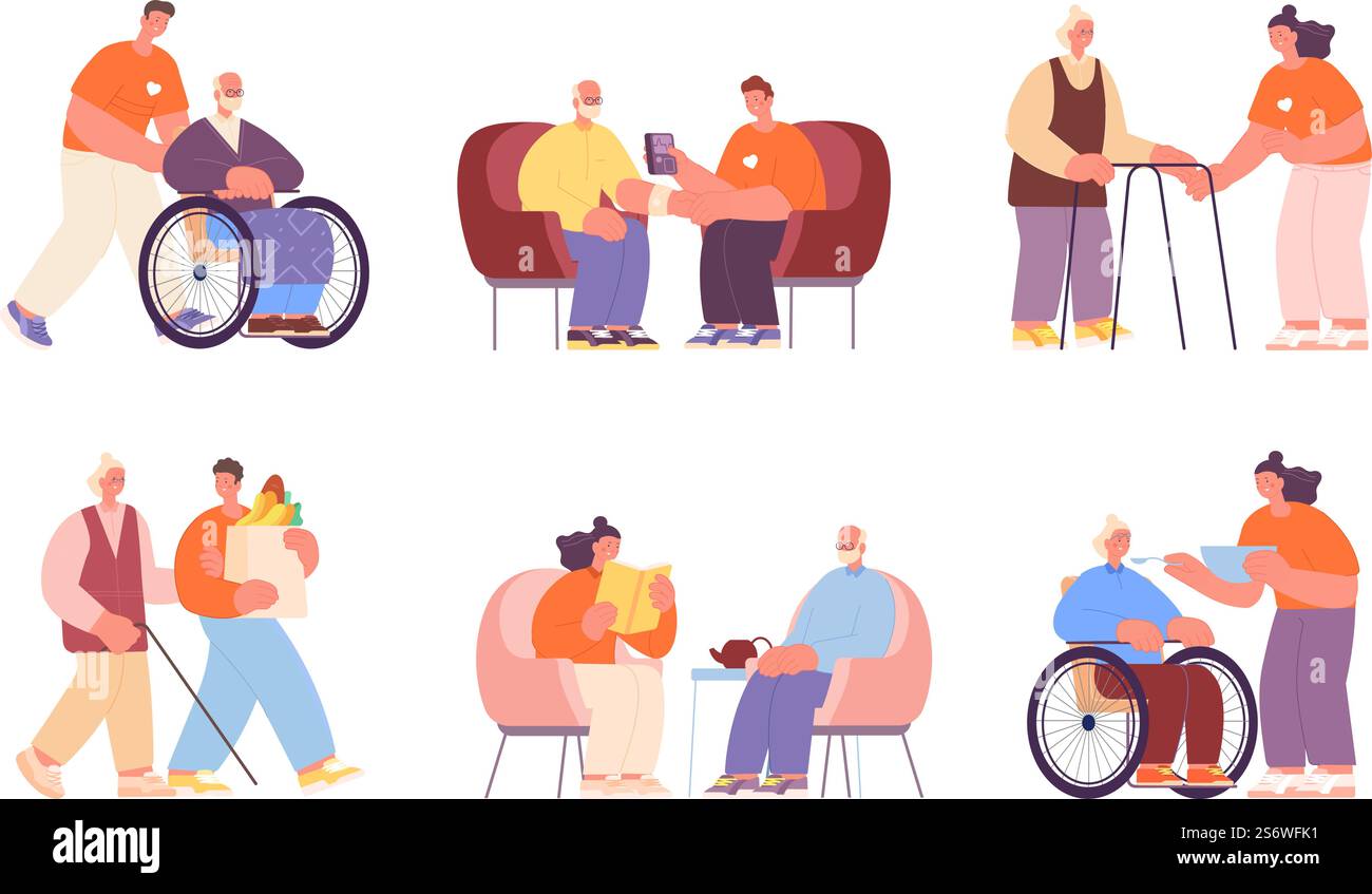 Assistenti sociali. Donne anziane, personaggi volontari. La gente sostiene la nonna e il nonno. Il volontario aiuta gli anziani a definire il set vettoriale. Illustrazione dell'aiuto di supporto, del pensionamento e dell'assistenza. Assistenti sociali. Donne anziane, personaggi volontari. La gente sostiene la nonna e il nonno. Il volontario aiuta gli anziani a definire il set vettoriale Illustrazione Vettoriale