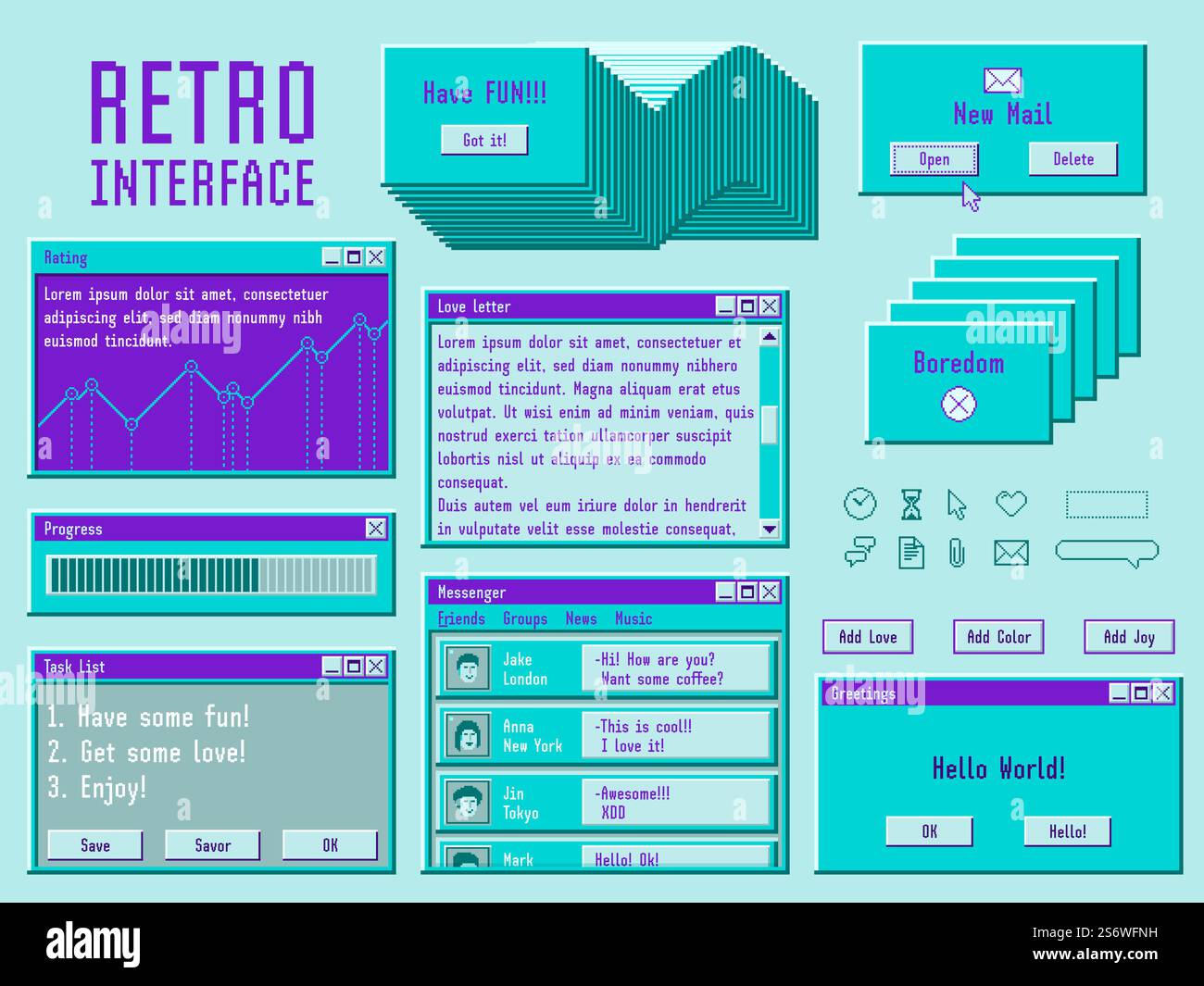 Elementi di interfaccia retrospettiva. Finestra vintage, desktop utente. Modello software digitale degli anni '90, vecchio design di Internet cyber. Set di vettori per la tecnologia Web. Immagine del messaggio retro del computer di interfaccia. Elementi di interfaccia retrospettiva. Finestra pc vintage, desktop utente computer. Modello software digitale anni '90, vecchio design alla moda per Internet. Recente serie di vettori per la tecnologia Web Illustrazione Vettoriale