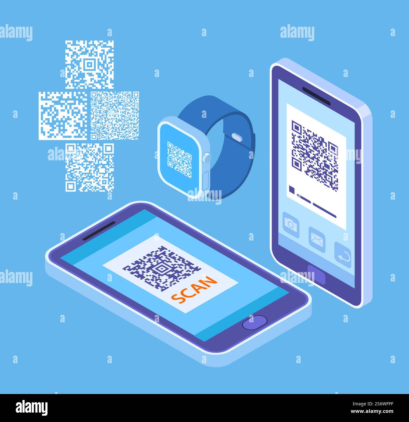 Codice QR personale. Codici su smartphone e smartwatch. Gadget di auto-identificazione isometrica digitale. Diversi codici a barre, telefono cellulare e set vettoriale dell'orologio. Immagine del codice qr sullo smartphone da acquisire. Codice QR personale. Codici su smartphone e smartwatch. Gadget di auto-identificazione isometrica digitale. Diversi codici a barre, telefono cellulare e set vettoriale dell'orologio Illustrazione Vettoriale