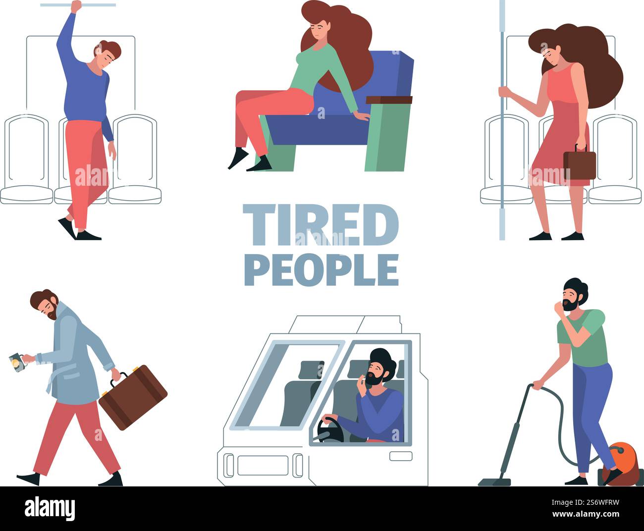 Gente stanca. I manager stressati problemi mentali dei personaggi maschi e femminili addormentano le persone vettoriali stanche. Illustrazione di una persona stanca e bruciata, stanca e frustrata. Gente stanca. I manager stressati problemi mentali dei personaggi maschi e femminili addormentano le persone vettoriali stanche Illustrazione Vettoriale