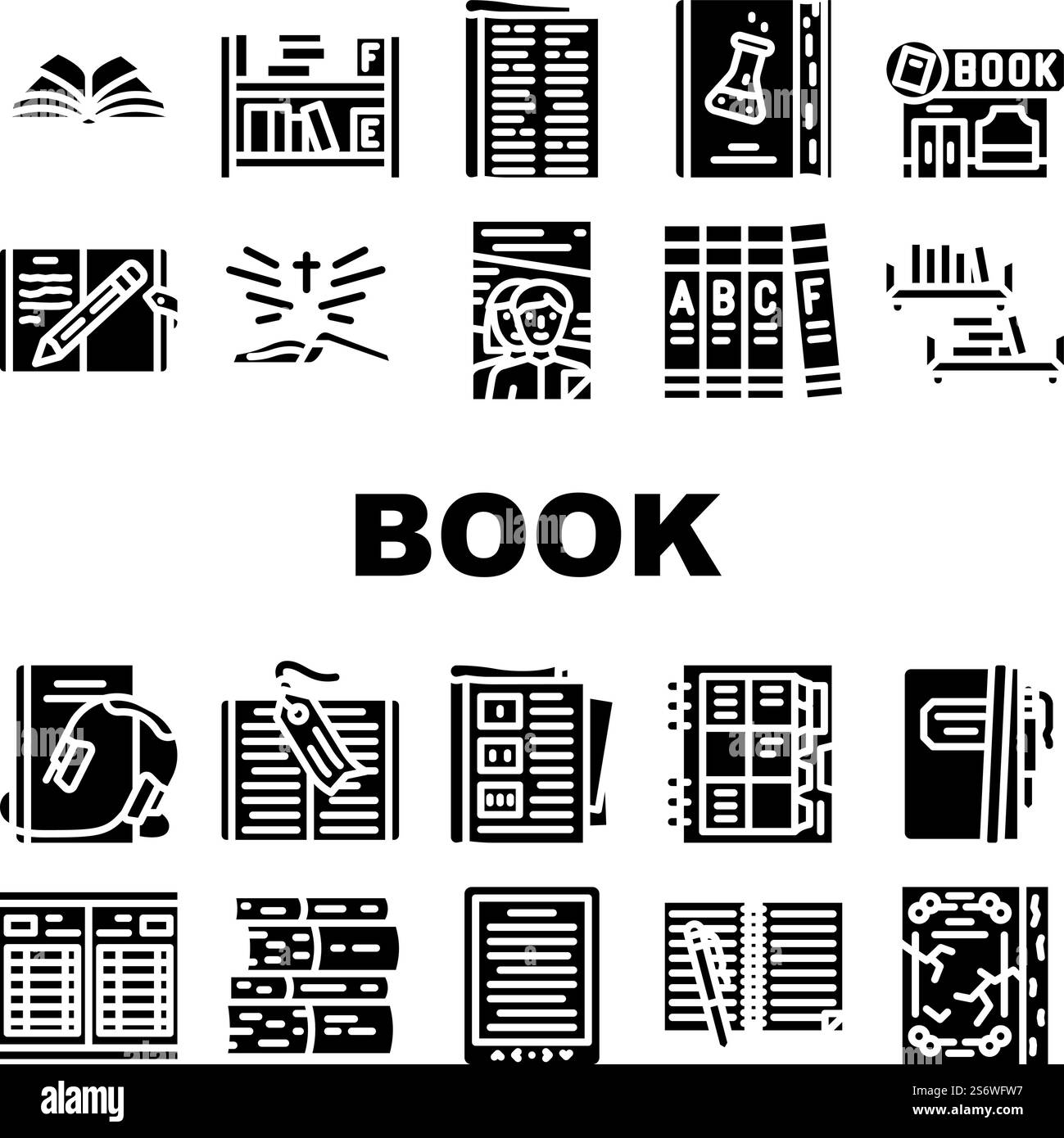 Libro e rivista premere per leggere le icone Imposta vettore. Accessorio segnalibro per la lettura di Enciclopedia e Sacra Bibbia, Diario e notebook, audiolibro elettronico educativo pittogrammi glifi illustrazione nera. Libro e rivista premere per leggere le icone Imposta vettore Illustrazione Vettoriale