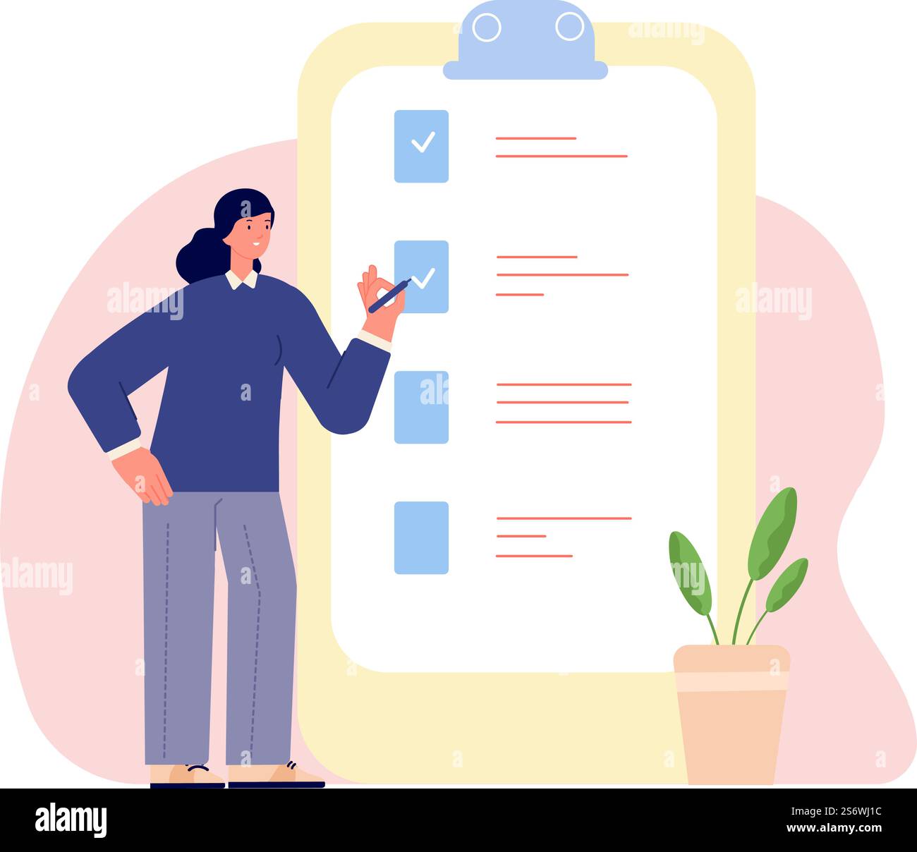 Donna e lista di controllo. Gestione efficace del tempo. Il carattere aziendale femminile compila l'elenco. Attività, concetto di vettore di autocontrollo. Illustrazione del tempo dell'organizzazione di gestione. Donna e lista di controllo. Gestione efficace del tempo. Il carattere aziendale femminile compila l'elenco. Attività, concetto di vettore di autocontrollo Illustrazione Vettoriale