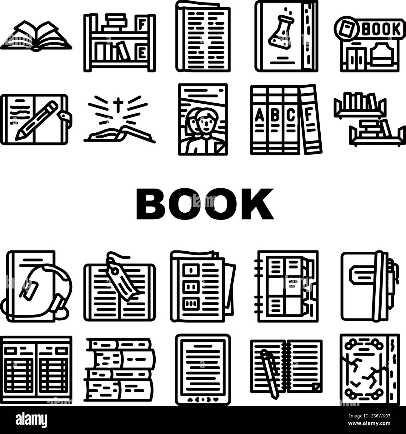 Libro e rivista premere per leggere le icone Imposta vettore. Accessorio segnalibro per la lettura di Enciclopedia e Sacra Bibbia, Diario e notebook, audiobook didattico ed elettronico illustrazioni di contorno nero. Libro e rivista premere per leggere le icone Imposta vettore Illustrazione Vettoriale
