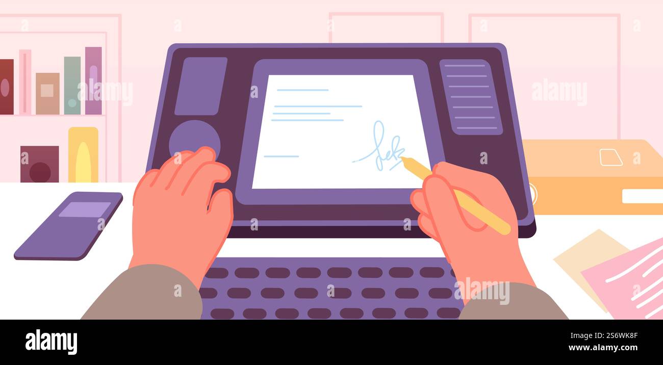 Firma digitale sullo schermo. L'uomo firma un documento, un accordo o un contratto. Cartellonistica elettronica in banca o in ufficio, concetto vettoriale delle tecnologie moderne. Illustrazione del contratto digitale. Firma digitale sullo schermo. L'uomo firma un documento, un accordo o un contratto. Cartellonistica elettronica in banca o in ufficio, concetto vettoriale delle tecnologie moderne Illustrazione Vettoriale