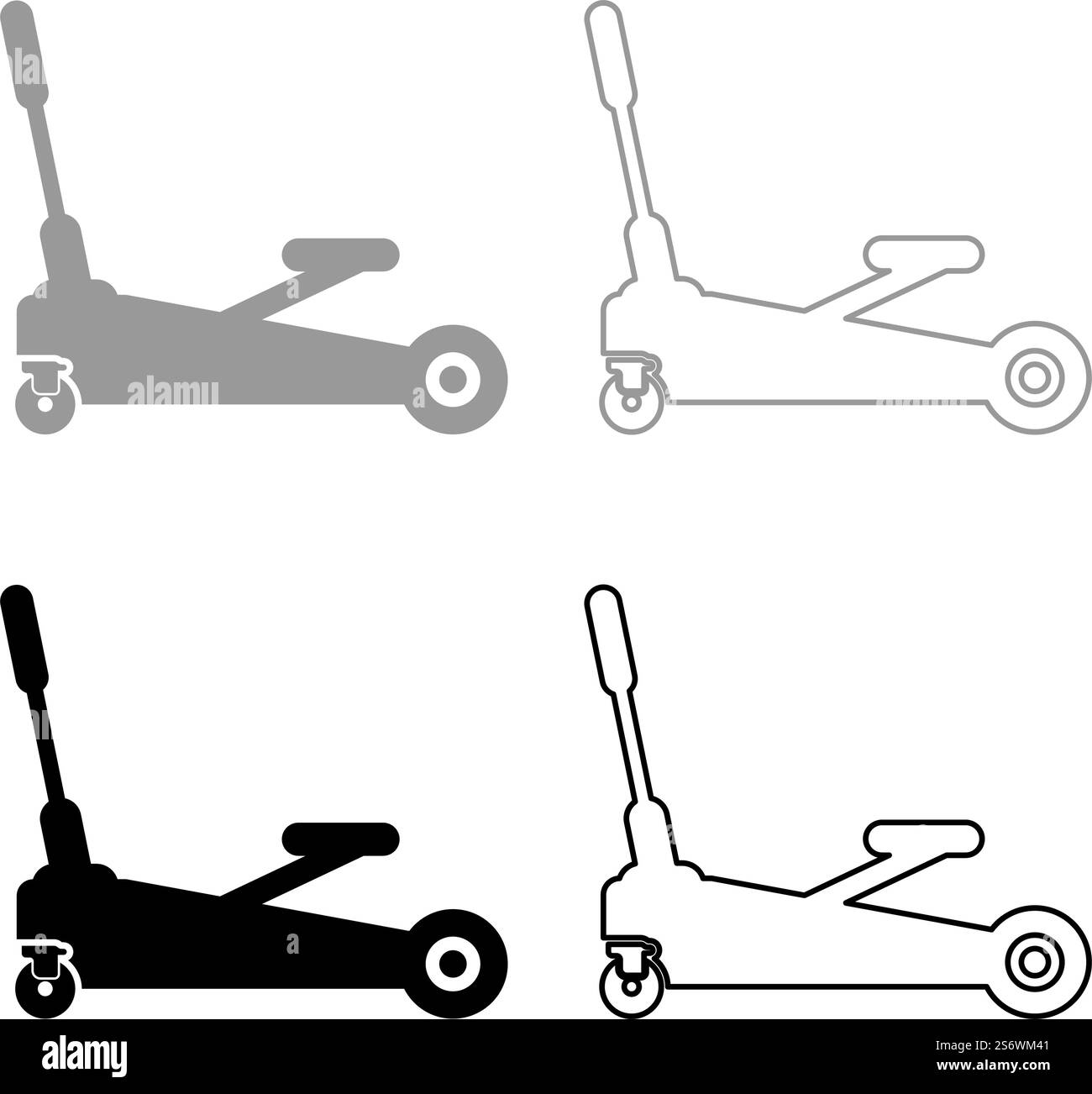 Martinetto di sollevamento auto idraulica su ruote icona del set di servizi di riparazione automatica grigio nero immagine vettoriale riempimento semplice linea di contorno linea sottile e piatta. Martinetto di sollevamento auto idraulica su ruote icona del set di servizi di riparazione automatica grigio nero immagine vettoriale contorno riempimento pieno linea di contorno sottile stile piatto Illustrazione Vettoriale
