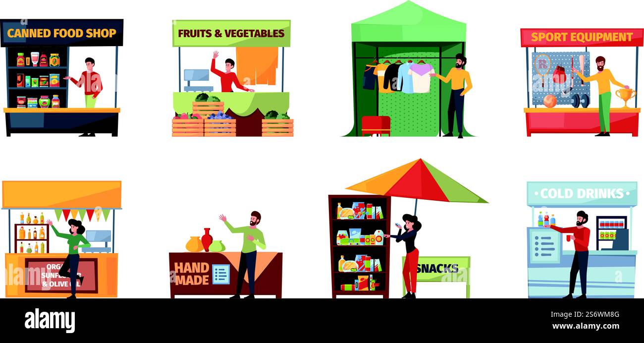 Venditori ambulanti. Mercato all'aperto venditori urbani per acquisti rapidi di prodotti cash store venditori vettoriali sguardi illustrazioni piatte. Mercato e bancarelle all'aperto, negozio locale in vendita. Venditori ambulanti. Mercato all'aperto venditori urbani per acquisti rapidi di prodotti cash store venditori vettoriali sguardi illustrazioni piatte Illustrazione Vettoriale