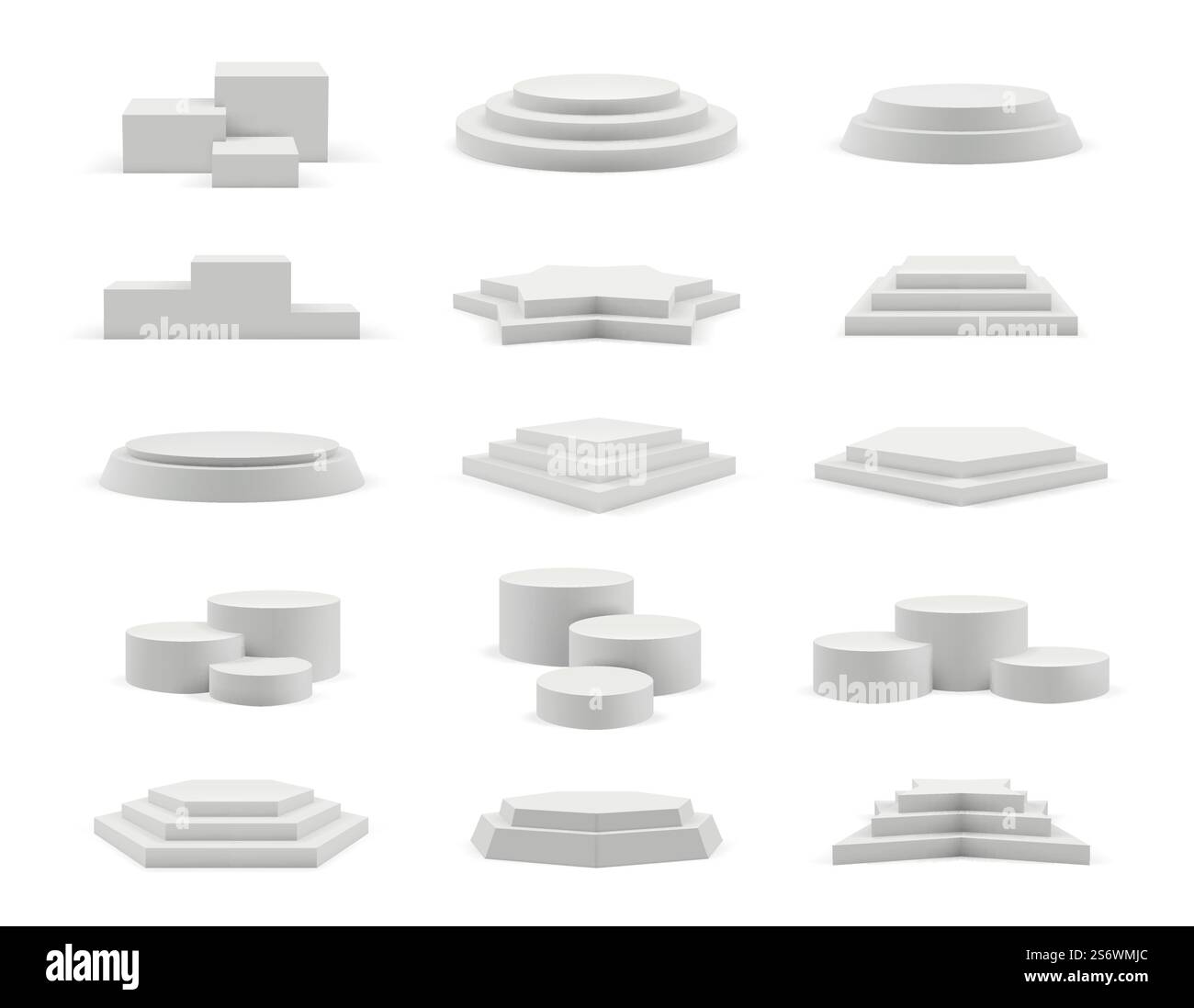 Podio realistico. Raccolta geometrica di modelli vettoriali decorativi a podio vuoti e rotondi 3d isolati. Illustrazione geometrica del podio realistica vuota. Podio realistico. Raccolta geometrica di modelli vettoriali decorativi a podio vuoti e rotondi 3d isolati Illustrazione Vettoriale