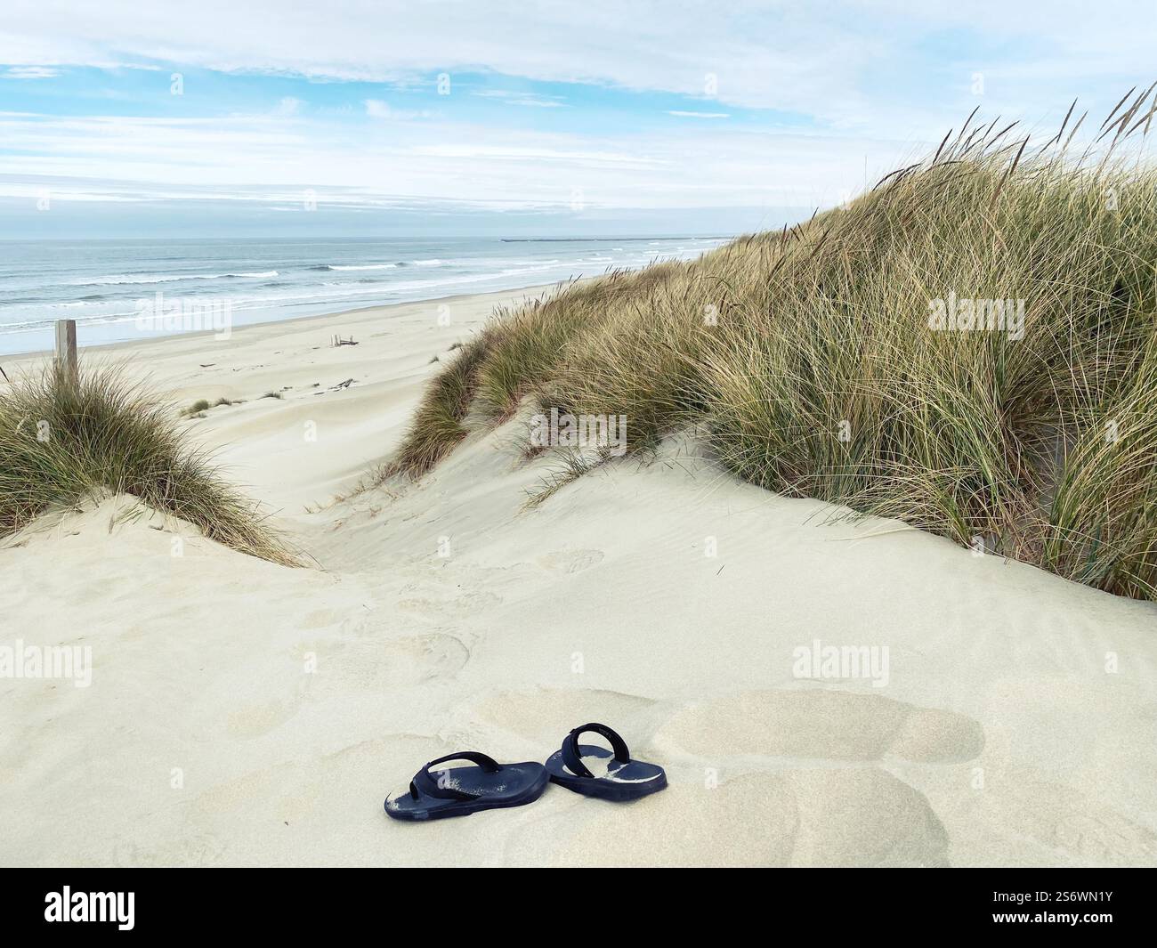 Sandali infradito sulle dune di sabbia di South Jetty Beach a Florence, Oregon. - Immagine stock catturata con smartphone