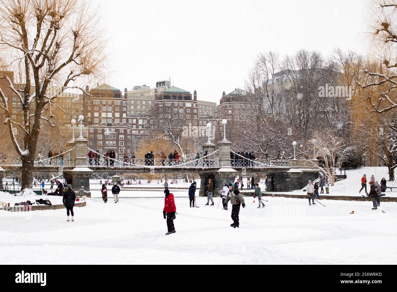 Persone che giocano a hockey e pattinaggio sul ghiaccio sul lago ghiacciato nel giardino pubblico di Boston, Massachusetts, Stati Uniti. Foto Stock