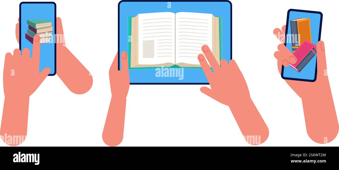 Libreria online. Tenere a mano smartphone e tablet con libri, concetto vettoriale di autoapprendimento. Immagine della libreria online su smartphone o tablet. Libreria online. Tenere a mano smartphone e tablet con libri, concetto vettoriale di autoapprendimento Illustrazione Vettoriale