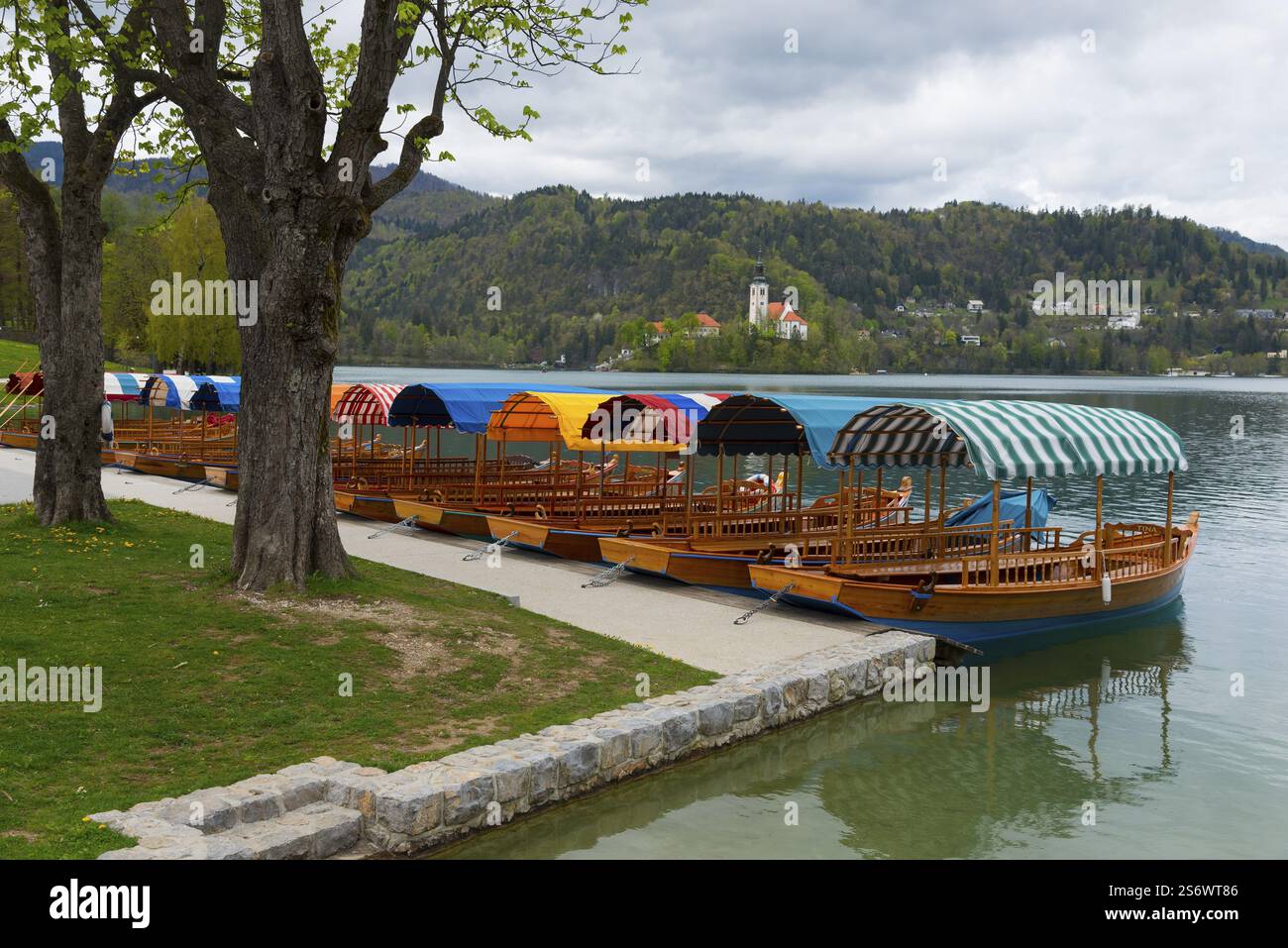 Barche a strisce sul lago vicino agli alberi, con vista sul villaggio e sulle montagne boscose, sul lago di Bled, sul lago Veldes, sul Blejsko jezero, su Bled, Veldes, Feldes Foto Stock