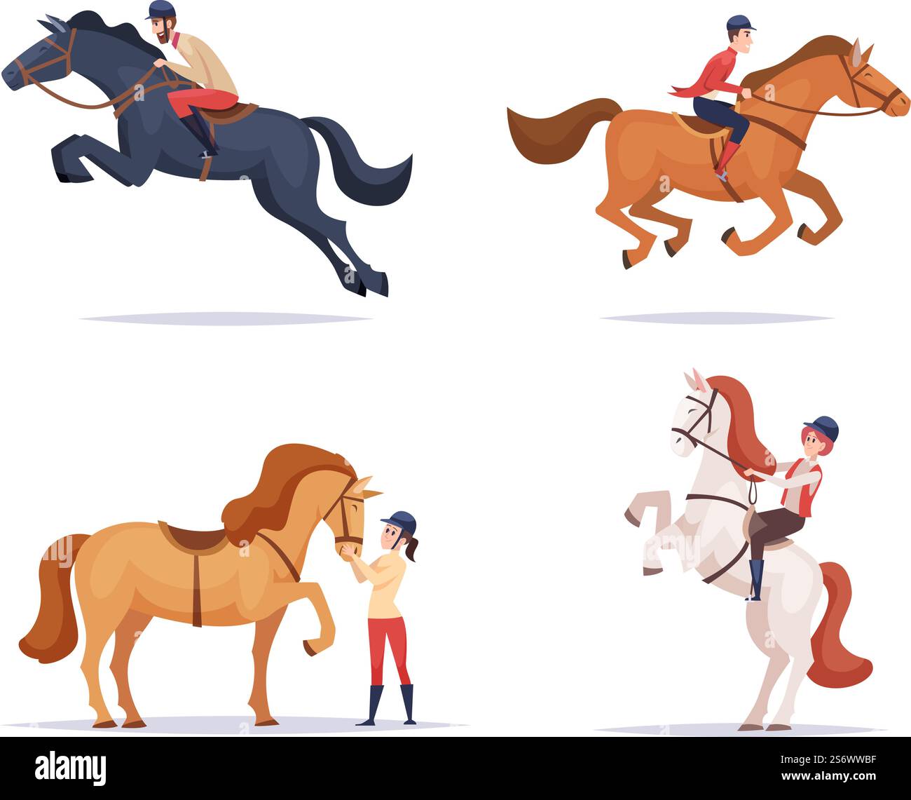 Cavalca i cavalli. Equitazione a cavallo simpatici animali domestici illustrazioni vettoriali esatte dei cavalli. Equitazione, equitazione. Cavalca i cavalli. Equitazione a cavallo simpatici animali domestici illustrazioni vettoriali esatte dei cavalli Illustrazione Vettoriale