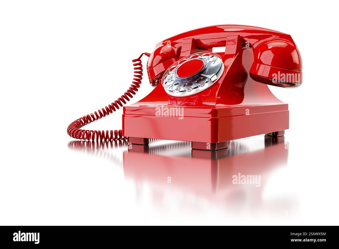 illustrazione 3d di un vecchio telefono rosso con connessione remota Foto Stock