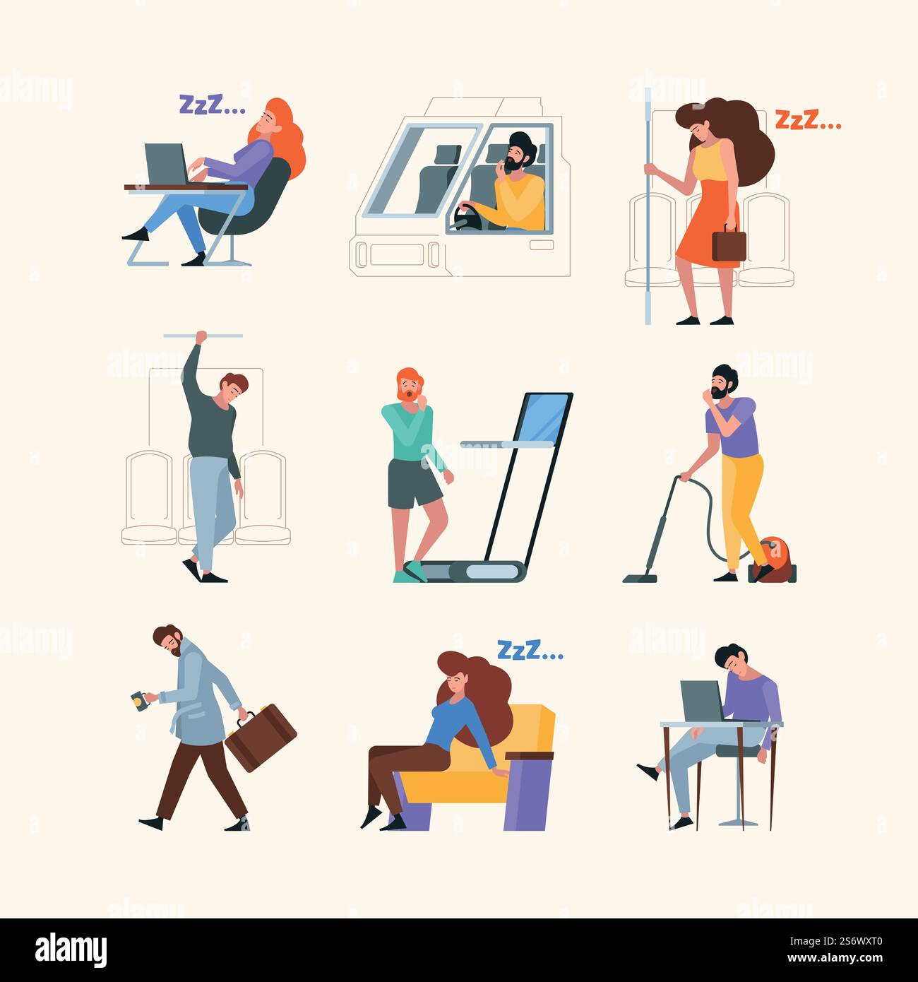 Persone stanche. Problemi mentali i lavoratori addormentati hanno sottolineato i dirigenti d'ufficio maschili e femminili che guardano le illustrazioni vettoriali piatte. Dipendente stanco e impiegato frustrato. Persone stanche. Problemi mentali i lavoratori addormentati hanno sottolineato i dirigenti d'ufficio maschili e femminili che guardano le illustrazioni vettoriali piatte Illustrazione Vettoriale