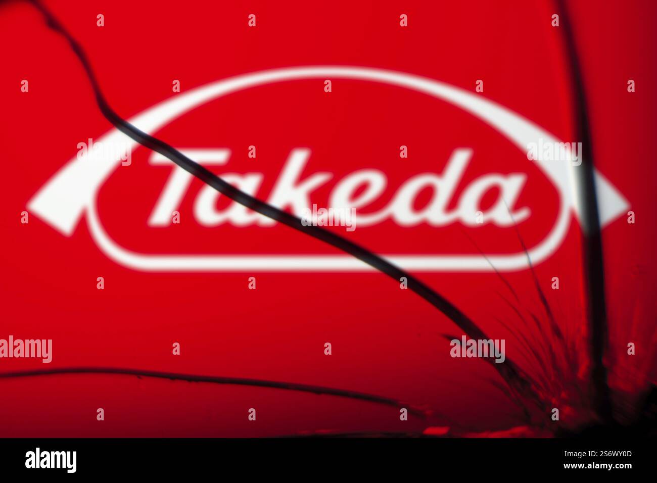 Il logo Takeda è visibile sul vetro rotto Foto Stock