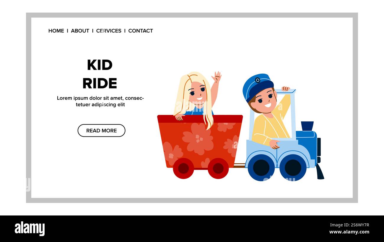 Attrazione in treno per bambini nel parco divertimenti Vector. Bambini e ragazze viaggiano in treno insieme. Divertimento e gioco dei personaggi nell'illustrazione di cartone animato piatto della rete di trasporto della locomotiva. Attrazione in treno per bambini nel parco divertimenti Vector Illustrazione Vettoriale