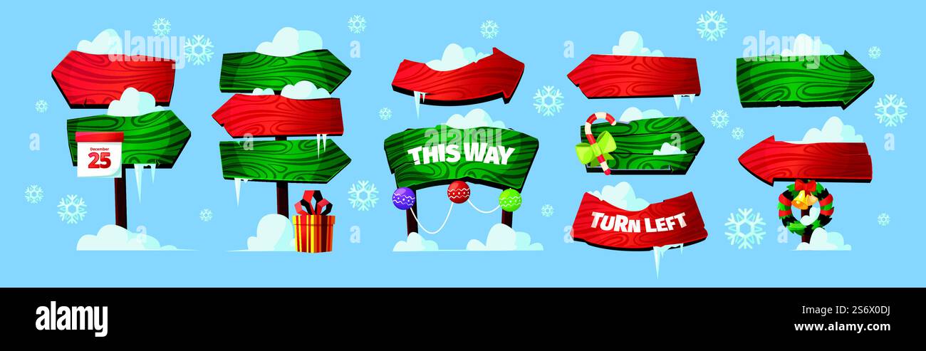 Segnali per il polo nord. Natale tavole con frecce in legno con paraspruzzi, immagine vettoriale isolata. Cartello Natale con la neve. Segnali per il polo nord. Natale tavole con frecce in legno con paraspruzzi, immagine vettoriale isolata Illustrazione Vettoriale