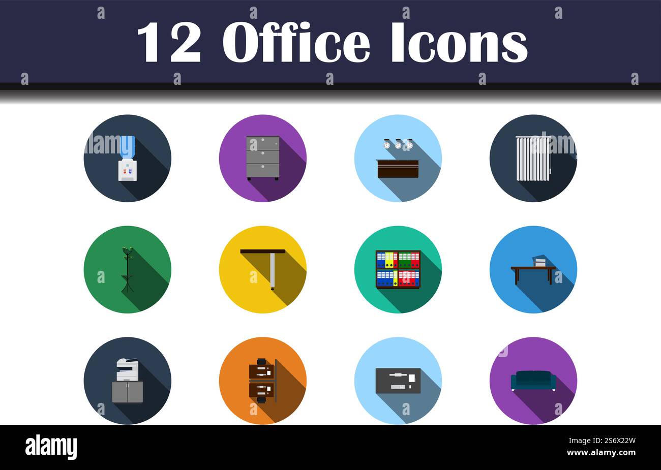 Set di icone Office. Design piatto con ombra lunga. Illustrazione vettoriale. Illustrazione Vettoriale