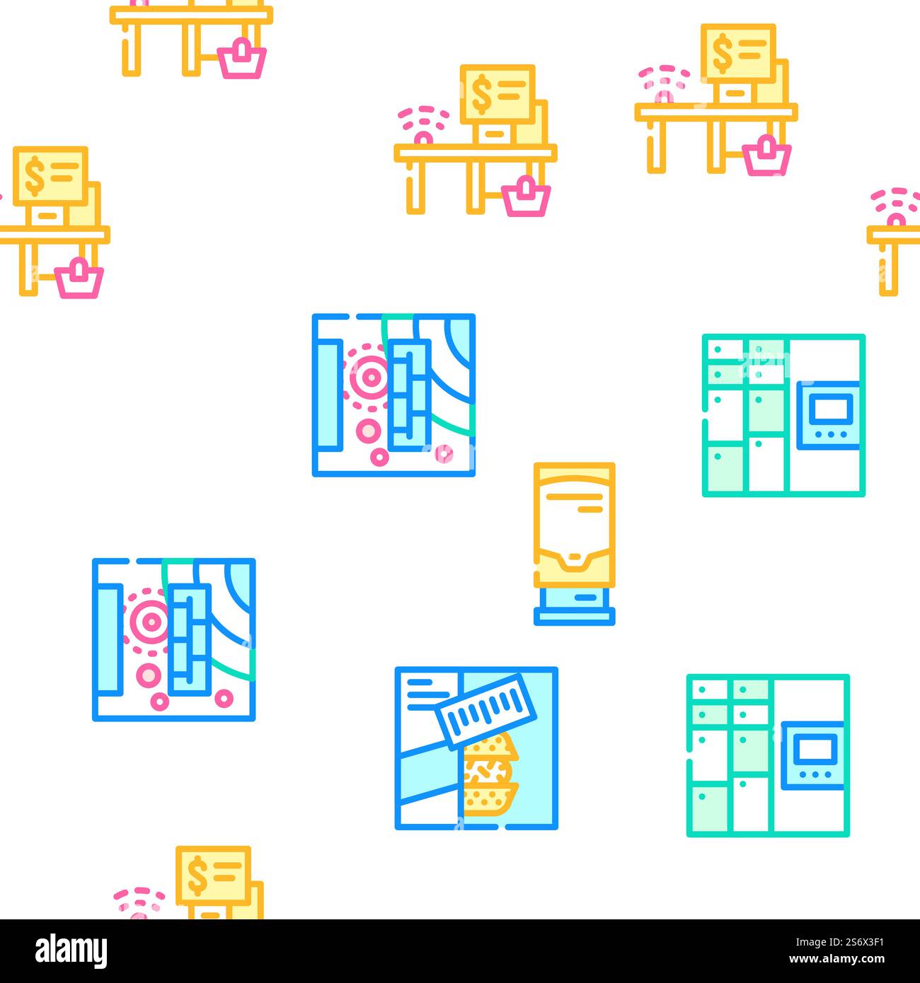Illustrazione della linea di colore del motivo senza cuciture vettoriale di acquisto self-service. Modello senza cuciture Vector di acquisto self-service Illustrazione Vettoriale