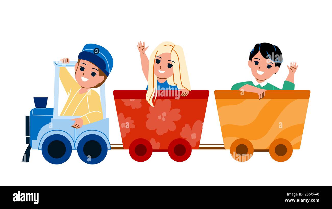 Gite in trenino per bambini nel parco divertimenti Vector. Boy and Girl Ride in Kid Train Together, Funny Attraction. Personaggi che si divertono e giocano sull'illustrazione Locomotive Flat Cartoon. Gite in trenino per bambini nel parco divertimenti Vector Illustrazione Vettoriale