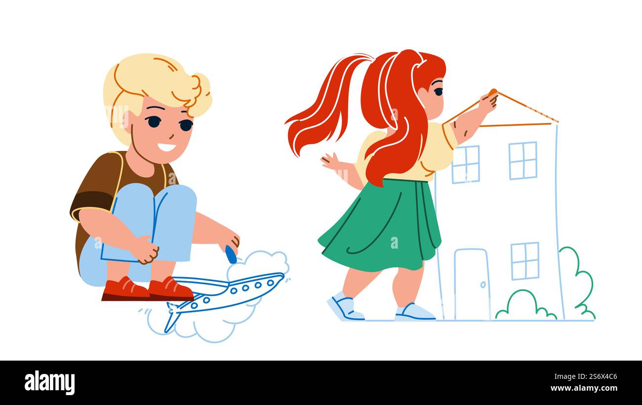 I bambini disegnano con il vettore gesso insieme. Ragazzo che disegna aeroplano sul pavimento e ragazza disegna immagine della casa sul muro. Personaggi bambini creatività tempo libero e divertente illustrazione a fumetti piatta. I bambini disegnano con il vettore gesso insieme Illustrazione Vettoriale