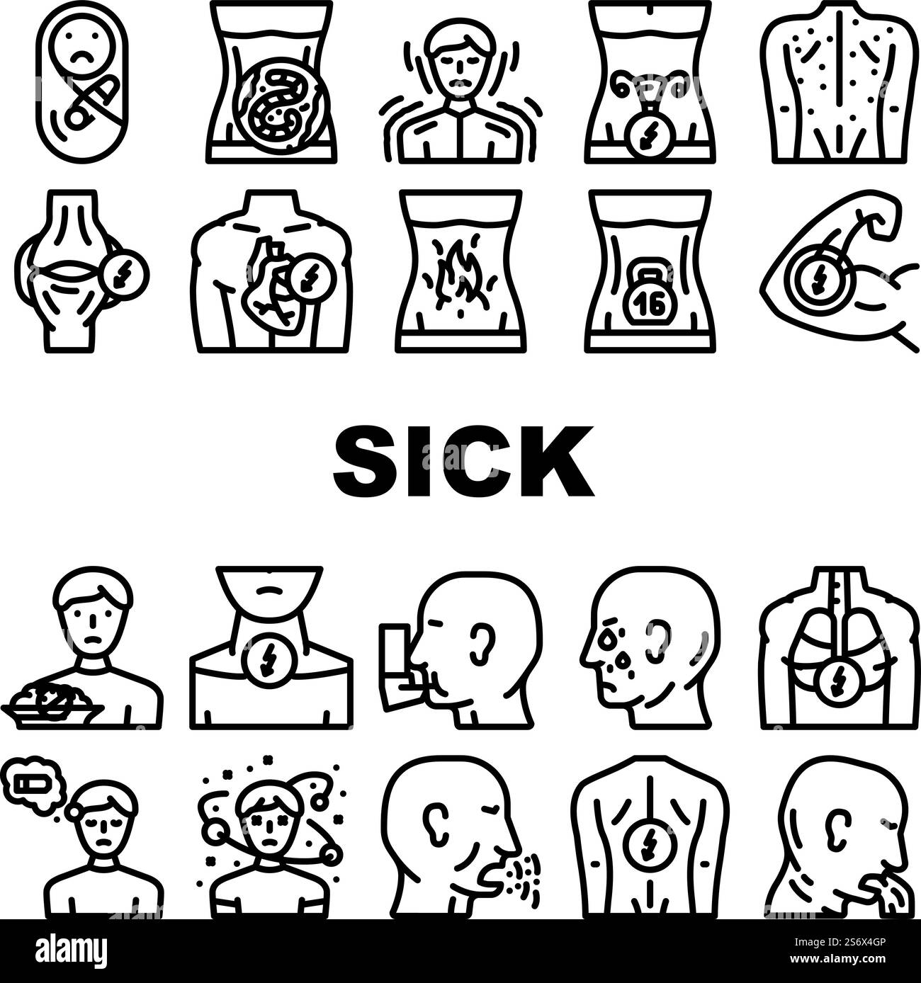 Problema di salute malato e icone allergia Set vettore. Bambini dolore e mal di schiena malato, bruciore allo stomaco e sensazione di pesantezza, mal di gola e malattia di disorientamento Black Contour illustrazioni. Problema di salute malato e icone allergia Set vettore Illustrazione Vettoriale