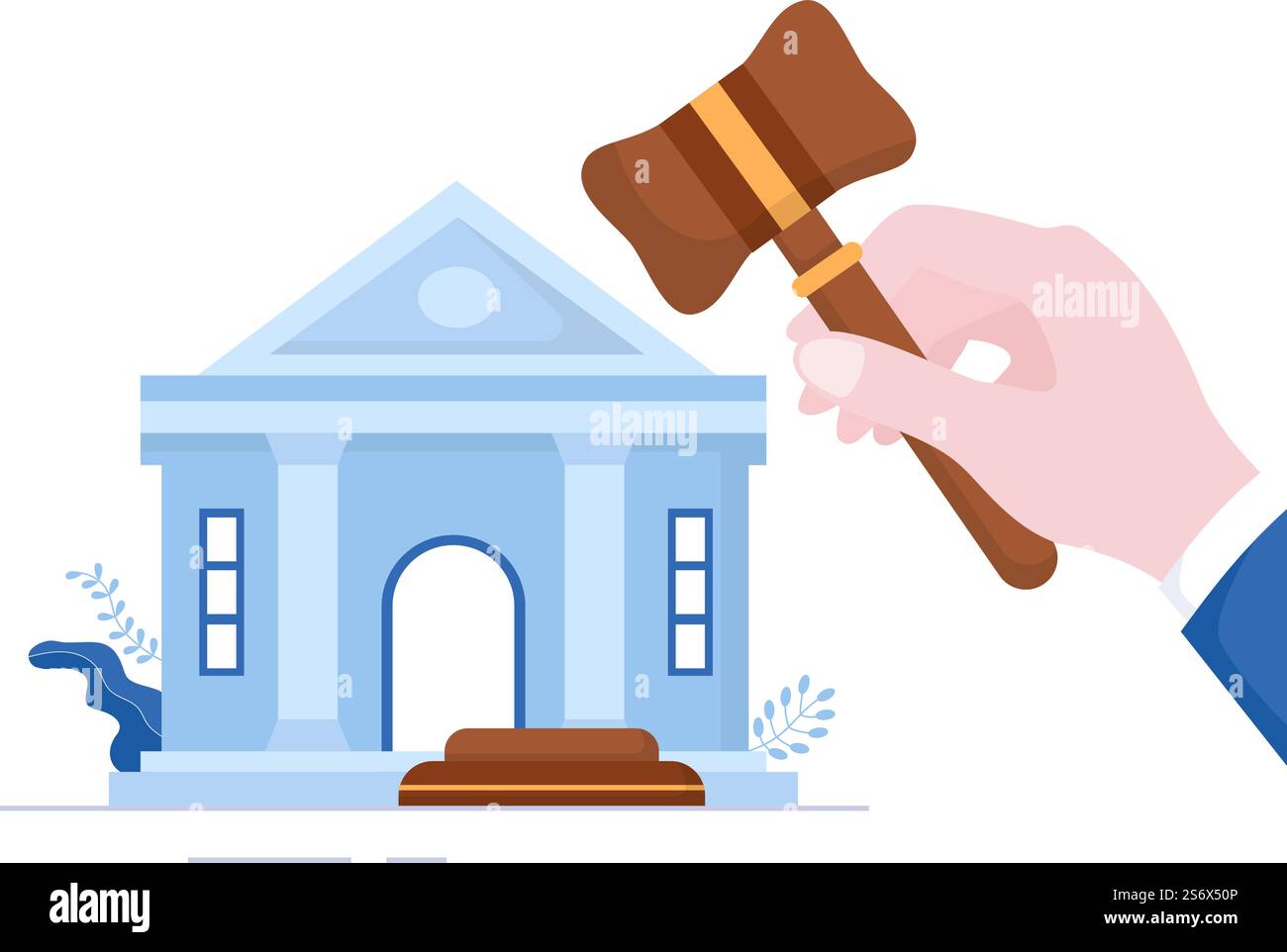 Corte ci è giustizia, decisione e legge con le leggi, scale, edifici, martello del giudice di legno in Cartoon piano disegno Illustrazione Illustrazione Vettoriale